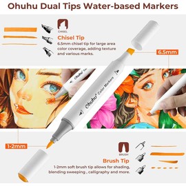Ohuhu Markers Brush Chisel Tip: Water-Based 60 Colors Double Tipped Art Markers for Adults Coloring Books Kids Calligraphy Drawing Sketching