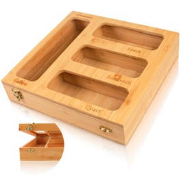 Speclux Bamboo Food Bag Organizer for Kitchen Drawer, a bamboo 4 slots - made dispenser container for plastic bags.Suitable for Gallon Quart Sandwich & Snack Variety Size Bag
