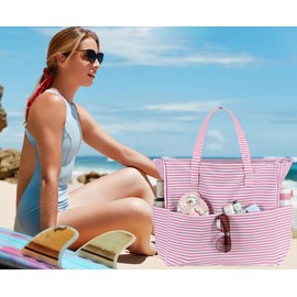 LEDAOU Large Beach Tote Bag Women Waterproof Sandproof Zipper Beach Tote Bag for Pool Gym Grocery Travel with Wet Pocket