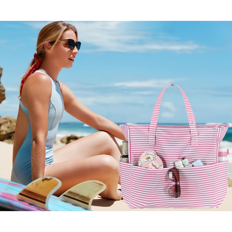 LEDAOU Large Beach Tote Bag Women Waterproof Sandproof Zipper Beach
