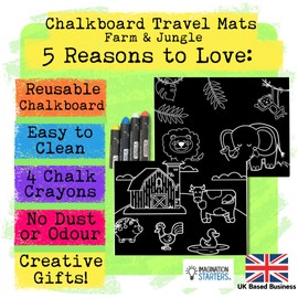 Imagination Starters - Farm & Jungle Travel Mats, Travel Colouring Set, Travel Games for Kids, 2 Double-Sided Mats & 4 Washable Crayons, Travel Toys for Toddlers on Plane