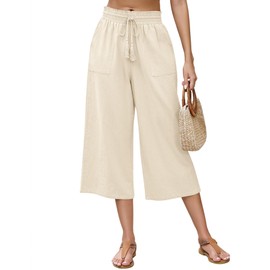 LOMON Wide Leg Pants Woman Work Capri Linen Pants Dress for Women Teacher Summer Baggy Elastic Waist Drawstring Business Casual Palazzo Trousers with Pockets 2025 Fashion Clothing Beige Large
