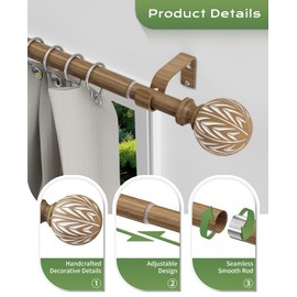 KVEEO Wood Curtain Rod 18 to 45 Inch Adjustable Curtain Rods for Windows Heavy Duty Wood Grain Curtain Rod Decorative Boho Drapery Rods for Living Room Bedroom Kitchen Farmhouse