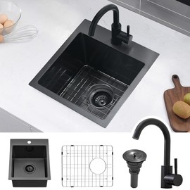 15X17 Drop In Black Bar Sink With Faucet, Gabhar 15x17 Inch 16Gauge Black Stainless Steel Drop In Kitchen Bar Sink And Faucet Combo