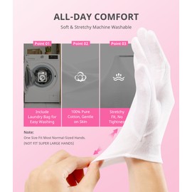 AIRSEE 2 Pairs White Cotton Gloves with Laundry Bag, Overnight Moisturizing SPA for Dry Hands and Eczema, Work Glove, Stretchy Fit for Men and Women, Regular S