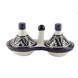 Moroccan Condiment Bowl Tagine, Berber Design Spice Duo (Blue and White)