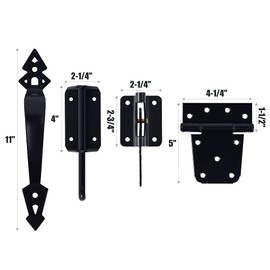 HOME MASTER HARDWARE Heavy Duty Gate Hardware Kit, with Adjustable Gate Latch, 3.5" T-Strap Gate Hinge, Decorative Gate Handle, Black Gate Hinge Kit for Wooden Fence, Barn, Farm and Garden