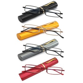 OWTXIS Slim Pen Reading Glasses for Men Women, Blue Light Blocking 4 Pack Small Tube Reader Glasses with Portable Clip Case, +2.50