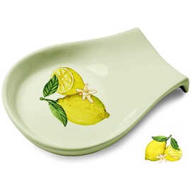 Soporte de cuchara de cerámica de limón, soporte de cuchara verde claro para encimera de cocina, decoración de limón, 4.5 pulgadas
