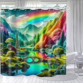 LYFANS Bright Fabric Shower Curtain, Colorful Mountain Theme Design Art Shower Curtain, Bathroom Decoration Set, 12 Shower Curtain Hooks (72 "Wx72 L) Inch Waterproof Shower Curtain.