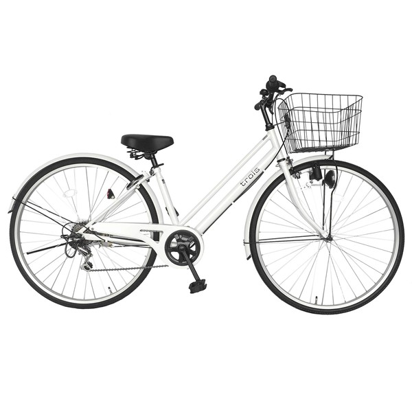 City Cycle White White Bicycle Parallel Frame 27" 6 Speed Gear with Key and Light Trois Trois Mamachari