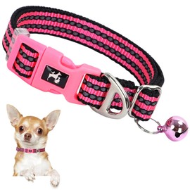 ONEFOJOJO Small Dog Collar with Bell Reflective - Adjustable Tiny XS XXS Breed Collar for Girl Female,Night Walk Safety Accessory（Pink S）