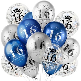 18Pcs 16th Birthday Decorations for Boys Girls Blue Silver 16th Birthday Balloons Decoration Happy 16th Birthday Confetti Latex Balloons Decorations for Men Women 16 Anniversary Birthday Party Décor