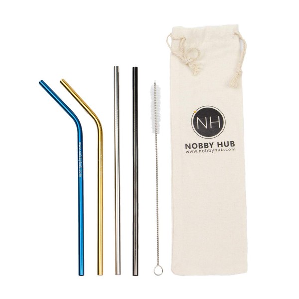 Reusable Stainless Steel Drinking Straws, Set of 4, 2 bent, 2 straight, all different colored, in Cloth Bag, and Free Cleaning brush, Help save the environment