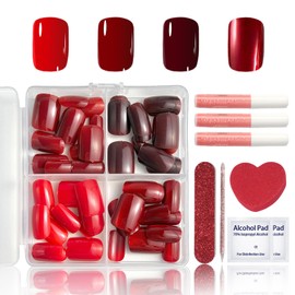 96 Pieces Press on Nails Short - Full Cover Red Acrylic Nail Tips Set - Glossy New Year Artificial Nails, Natural & Comfortable to Wear for Women and Girls (Red & Shimmer Style)