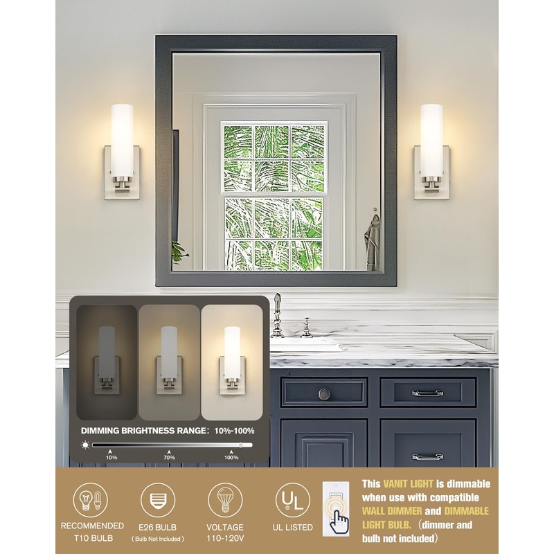 Emak Brushed Nickel Wall Sconces, 2 Light Bathroom Light Fixtures