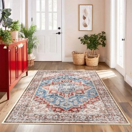 ANSSO 2×3 Washable Area Rugs, Foldable Faux Wool Low Pile Boho Vintage Entryway Rug with Non Slip Backing for Doormat, Indoor Front Entrance Kitchen, Bathroom, Auburn