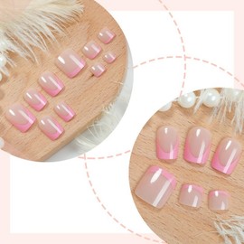 48 Pcs Pink French Tip Press on Nails Short Square & Press on Toenails Set Glossy Press ons Nails Designs Solid Color Fake Toe Nail Full Cover Acrylic Nails Stick on Nails for Women DIY Nail Art