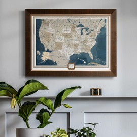 Renditions Gallery Colorful World Map Canvas Wall Art with Vintage Gold Frame Wall Hanging Travel Map with Push Pins for Home, Office, Classroom