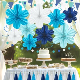 Navy Blue Party Decorations Set, 9pcs Hanging Paper Flowers, Tassel Garland & Swirls for Weddings, Bridal Showers, Baby Showers, Birthday, Classroom Decor, Backdrop Supplies