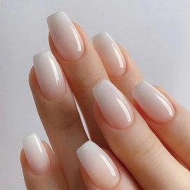 MISUD Press-on Nails, 24 pcs Ballerina Medium Coffin, Nude White Glossy False Nails with Design ABS Material, Natural Gradient, Full Coverage, Artificial Nails for Women