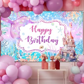 Avezano Mermaid Happy Birthday Banner Purple Mermaid Birthday Party Decorations Under The Sea Backdrop for Girls Ocean Theme Bday Party Decor (6x3.6ft)