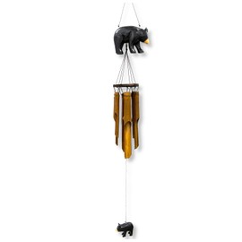 Black Bear Windchime - XL Hand Carved Wood and Bamboo Coastal Nautical Patio Decor Indoor Outdoor Wind Chime 46"