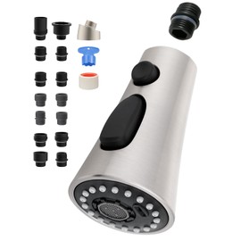 Universal Kitchen Faucet Head Replacement with 15 Adapters Compatible with Moen/Pfister/Peerless/Kohler Curve Shape Faucet, 3 Function Pull Down Sink Faucet Sprayer Head, Brushed Nickel