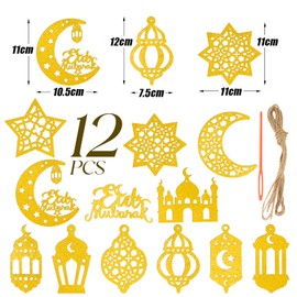 BOOMTOP Pack of 12 Ramadan Decorative Pendants Eid Mubarak Ornament Paper Glitter Sugar Festival Decoration for Hanging Table Decoration Gold Moon Stars Eid al-Fitr Muslim Islam Decoration