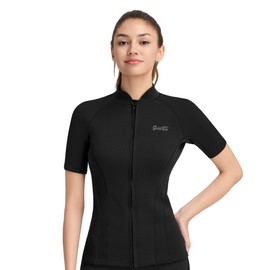 GoldFin Women Wetsuit Top, Womens Short Sleeve Wet Suit Jacket Neoprene Front Zip 2mm Swim Jackets Scuba Swimming Diving Snorkeling Water Aerobics, Black, X-Small