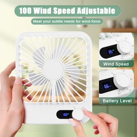 Travel Fan for Sleeping, Portable Fan for Travel Rechargeable with Digital Display, 100 Speed Wind Personal USB Fan with Variable Speed Knob, 6.8'' Small Desk Fan for Bedroom Travel Essentials, White
