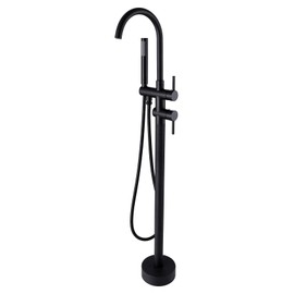 TapLong Tub Filler Freestanding Bathtub Faucet Matte Black Floor Mount Tub Faucet High Flow Shower Faucets Shower Mixer Taps, Swivel Gooseneck Spout with Cylinder Handheld