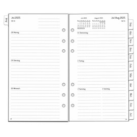 2025 2026 Wochenplaner Einlage Personal A6, 6 Löcher, 1 Woche 2 Seiten mit Tabs, Extra Notizen Kontakt, von Aug.25 bis Jul.26, Dicker Papier, 100 gsm, 95x171mm, Nachfüllpapier auf Deutsch