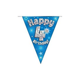 OAKTREE UK 631069 Party Bunting Happy 4th Birthday Blue Holographic 11 Flags 3.9m