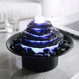 Home Décor Stone Flake Waterfall Tabletop Fountain 4-Layer Black Cobblestone Changing Color Led Glass Rotating Ball Water Sound Gift(23146)