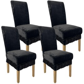 WENZMOC Velvet Dinning Room Chair Covers Soft & Breathable Dining Chair Covers Set of 4, Washable Stretch Velvet Slipcovers Chairs Cover with Skirt for Banquet Home Kitchen (Black)