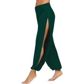 Topjini Harem Pants for Women Double High Slit Leg Flowy Yoga Pant Pilates Dance Hippie Wrap Beach Cover-Up Pants Dark Green