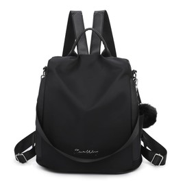 OLIVIA WONG Waterproof Theft Backpack for Women (13L), Convertible Backpack with Pompom and Removable Decorative Handle, black