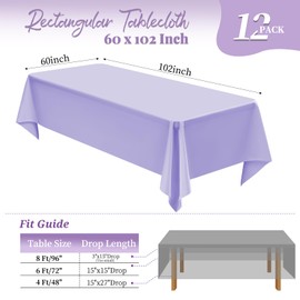 MTREO 12 Pack Lavender Tablecloth 60 x 102 Inch Light Purple Table Cloths for 6 Foot Rectangle Tables Wrinkle Resistant Washable Polyester Fabric Table Cloth for Wedding Party Buffet Dining Table