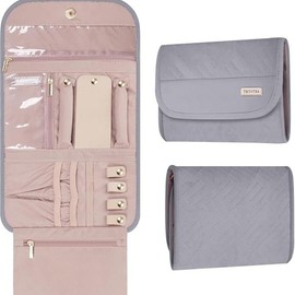 Women's Travel Jewelry Box Manager, foldable, lightweight, jewelry storage roll, for earrings, necklaces, rings Organiser christmas 2024 ornament - Color: Grey