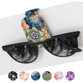 NPOOYI Sunglasses Holder for Car Visor, Magnetic Leather Car Sunglass Holder, Car Sun Visor Glasses Hanger Clip, Car Interior Accessories for Women Men, Fits All Size Eyeglasses, Colorful Mandala