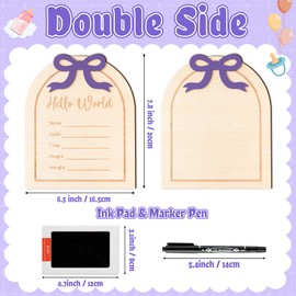 R HORSE Baby Birth Announcement Sign - 3D Coquette Purple Bow Wooden Baby Birth Sign with Marker Pen and Ink Pad for Hand and Footprints Newborn Name Announcement for Girls Nursery Decor Keepsake Gift