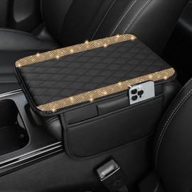NBTEPEM Bling Car Center Console Cover, Leather Car Arm Rest Cover Cushion with 2 Storage Bags, Universal Car Middle Console Cover Car Accessories Interior for Most Vehicles (Gold Diamond)