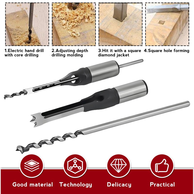 Bordeag 5 Pieces Square Hole Drill Bit Square Mortising Drill