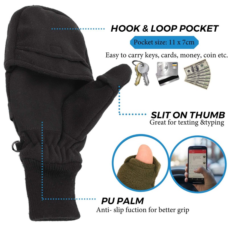 Zeltauto Men’s Thinsulate Gloves Convertible Fingerless Mitten Flap Cover Multipurpose