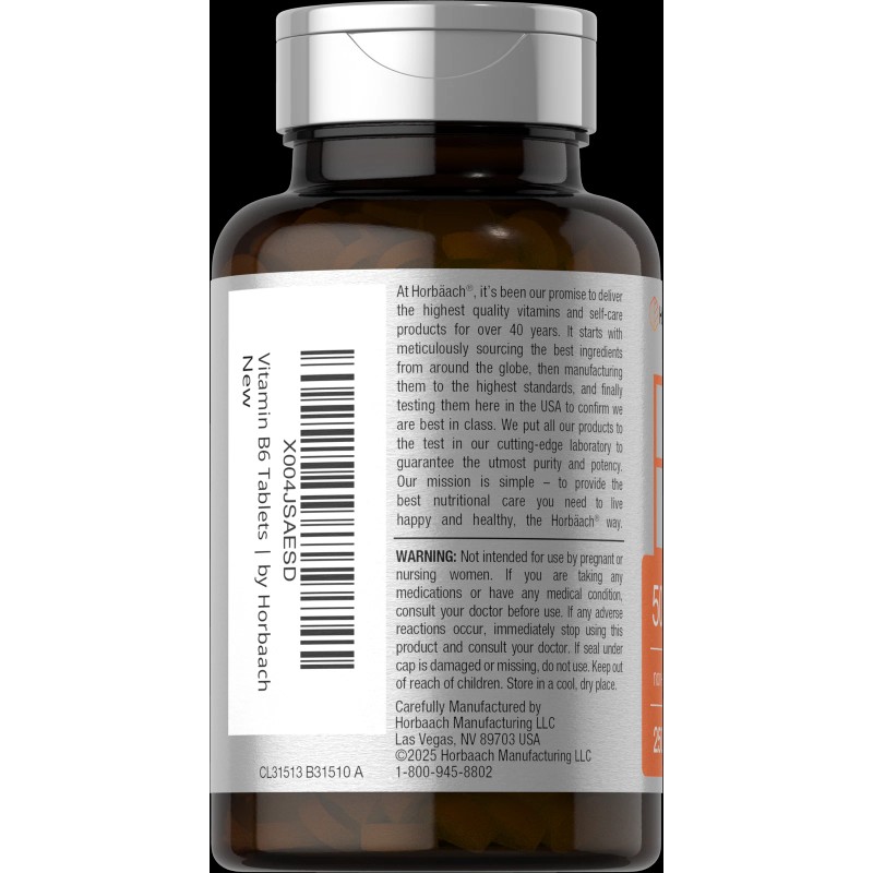 Horbäach Vitamin B6 50mg | 250 Tablets | Non-GMO &