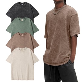 Eisctnd 4 Pack Men's Oversized T-Shirts Heavy Cotton Vintage Tee, Loose Fit Baggy Short Sleeve Casual Streetwear Unisex Tops(4-Black+Beige+Green+Coffee-XL)