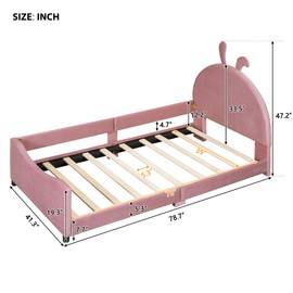 FAVSH Twin Size Upholstered Daybed with Rabbit Ear Shaped Headboard,Velvet Platform Bed for Kids Teens Boys Girls,No Box Spring Needed,Pink