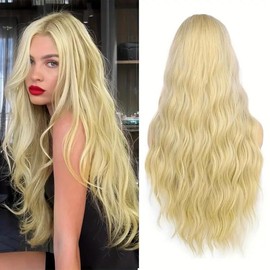 Long Blonde Wig Wavy Synthetic Wig Platinum Blonde Wig Middle Part Natural Blonde Wig Wigs for White Women (Golden, One size)