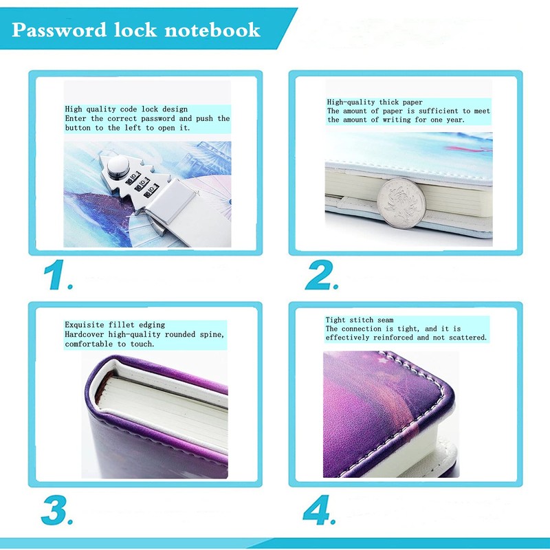 A5 PU Leather Journal with Password Lock for Women,Composition Notebook